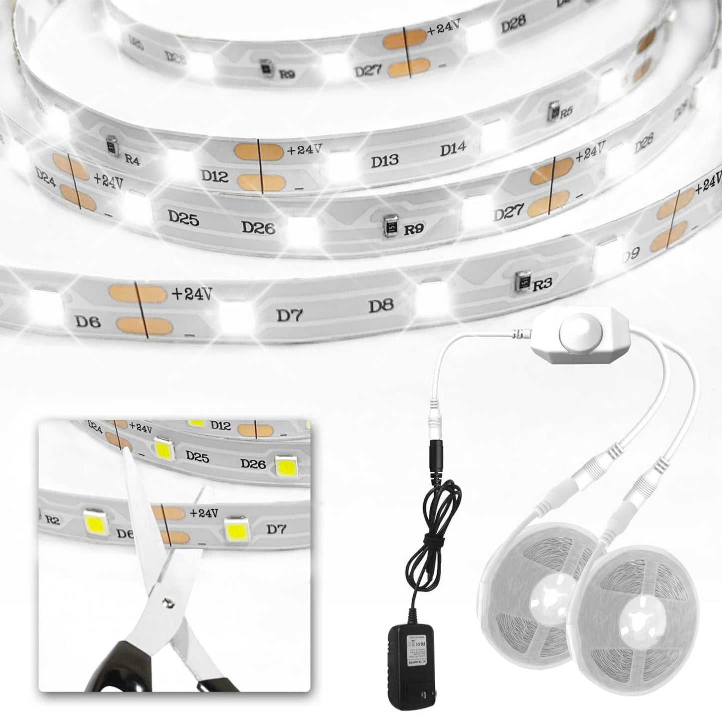 VOLIVO White LED Strip Lights, 50ft Dimmable 24V LED Lights 6500K Bright Daylight White, Strong Adhesive, Flexible Tape Light for Mirror, Kitchen Cabinets, Bedroom