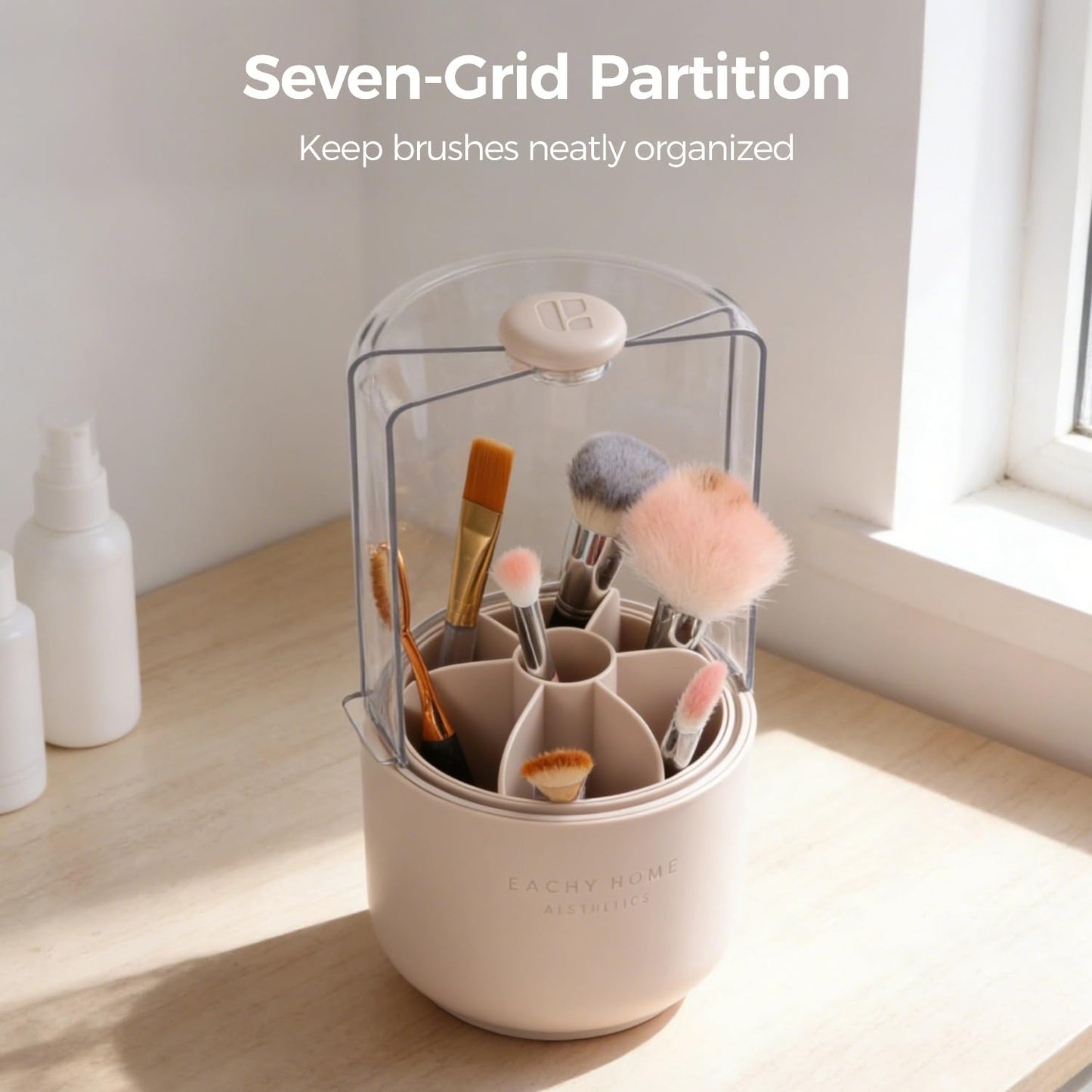 Makeup Brush Holder with Lid, 360 Rotating Makeup Brush Holder, Dustproof Make Up Brushes Organizer with 7-Compartment, 10.2x5.1x5.1 in, Pink