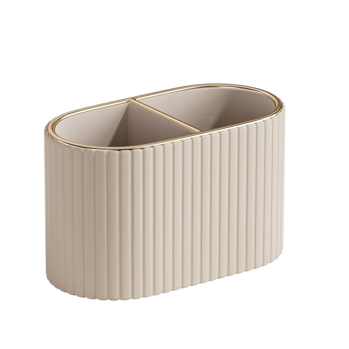 KINGFOM Makeup Brush Holder Organizer with Divider, PU Leather Vanity Brush Holder for Bathroom Countertop & Dressing Table, Cosmetic Desktop Storage Caddy for Makeup Tools Oval, Gift for Women Beige
