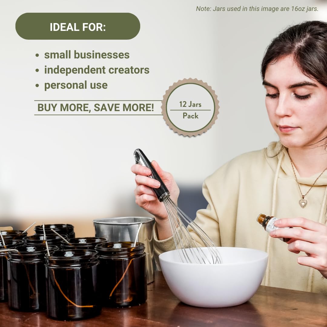 Nature Packaged Glass Amber 16oz Jar - 12 Packs, Lead-Free Empty Round Jars For Beauty Products, Lotion, and Powders - Black Lid - Small Candle Jars