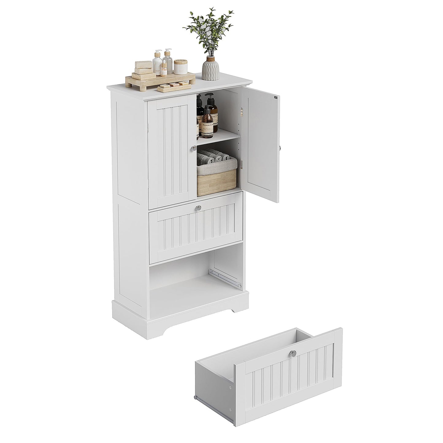 Treocho Bathroom Floor Cabinet, Bathroom Storage Cabinet with Drawers and Adjustable Shelf, Freestanding Cupboard Pantry for Kitchen, Living Room, Dining Room, White