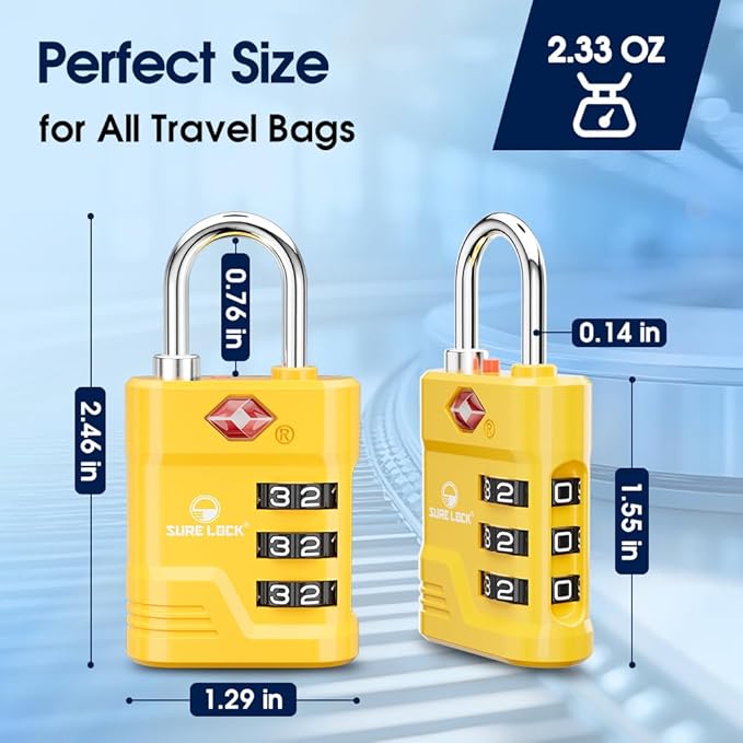 SURE LOCK TSA Locks for Luggage, TSA Approved Luggage Locks with Open Alert, 008 Key for High Security, Easy Read Dials, Zinc Alloy Body, Locker Lock for Suitcase, Gym, Travel(Yellow 2 pk)