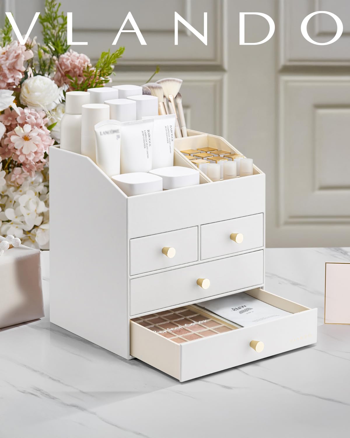 VLANDO Makeup Organzier,Vanity Organizer with Drawers, PU Leather Skincare Organizer Perfume Organizer,Large Cosmetic Display Case for Lipstick,Brushes Gifts for Women, White, 4 Layer