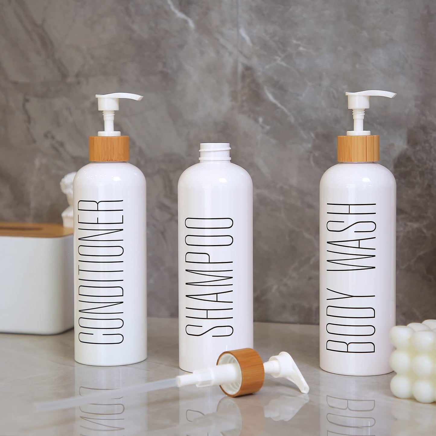 HOMCDALY Shampoo and Conditioner Dispenser, 16oz 3-Pack Refillable Shampoo and Conditioner Bottles, Empty Shampoo Bottles Refillable with Bamboo Pump, Bathroom Shower Shampoo Dispenser Set