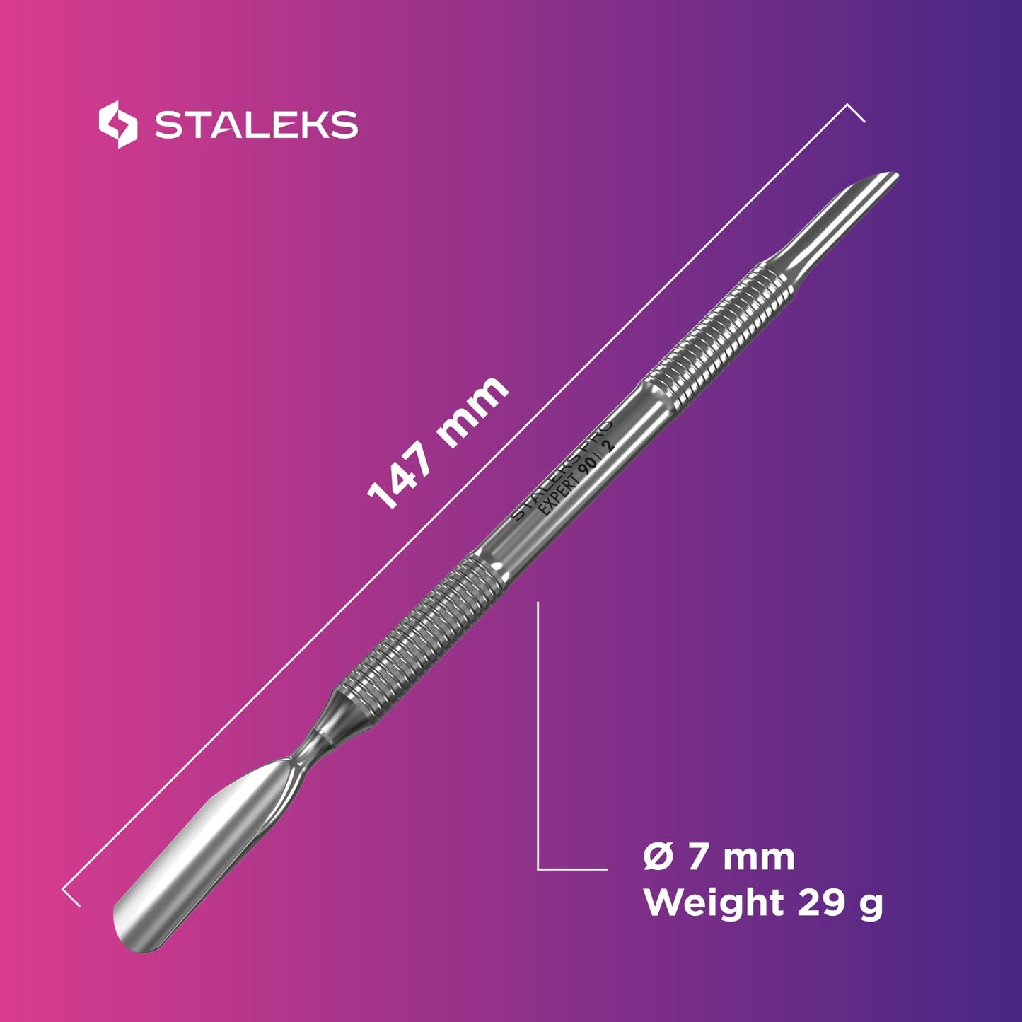 Staleks Pro Manicure Pusher EXPERT 90 Type 2 – Beveled & Rounded Wide Ends – Stainless Steel – Non-Slip Handle