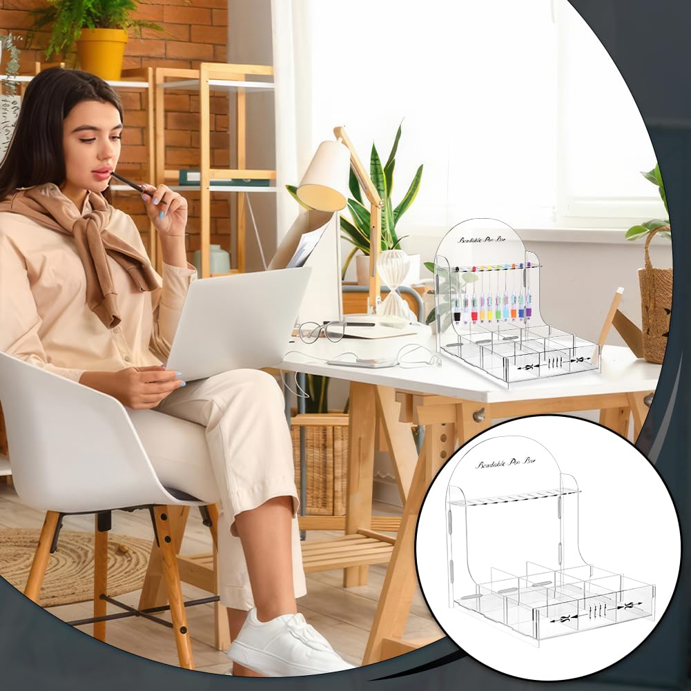 NBEADS Beadable Pen Storage Organizer, Acrylic Pen Display Stand with Sorting Tray 10 Slots with 9 Grid Organizer Box for DIY Home Office Desk School Supplies