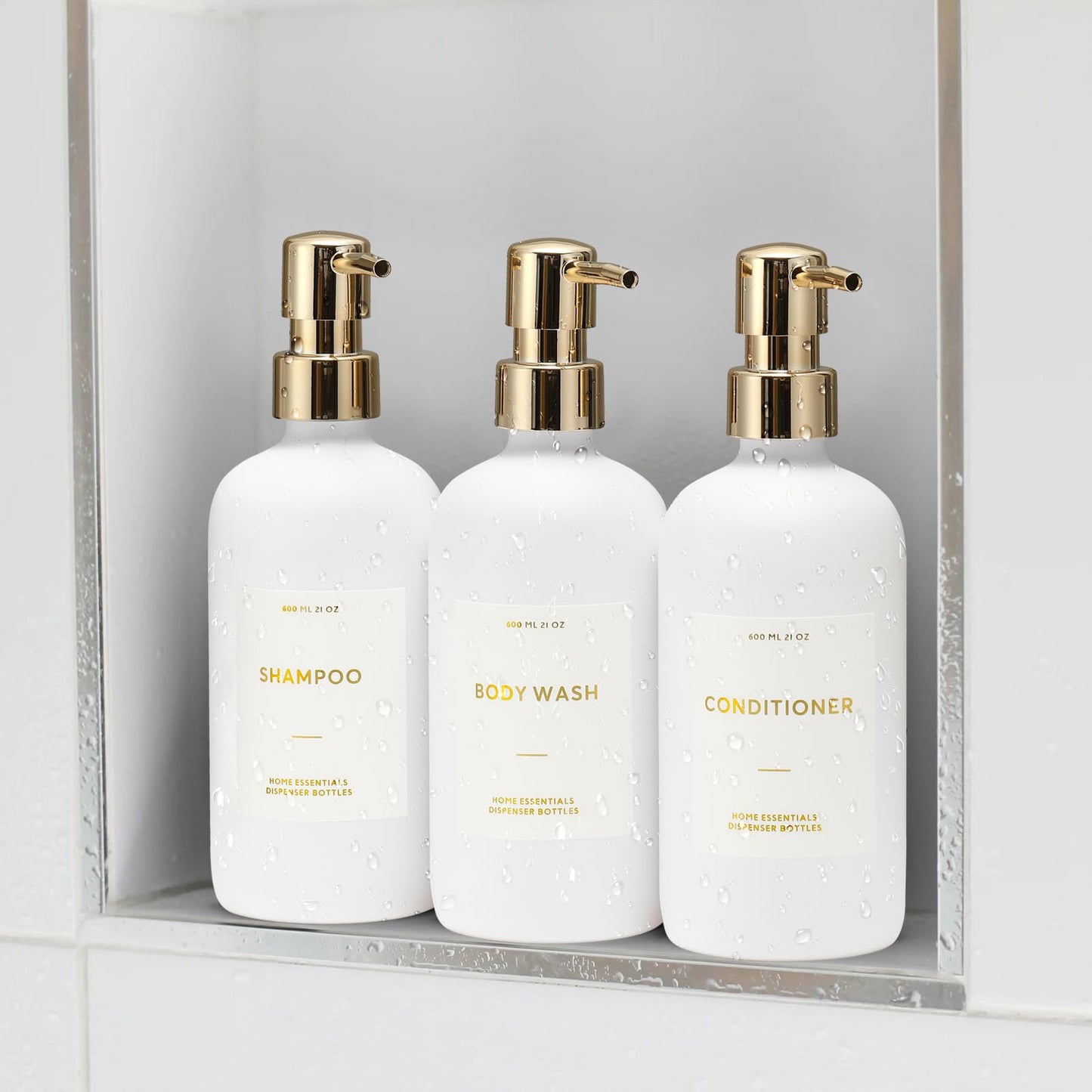 HOMCDALY Shampoo and Conditioner Dispenser, 21oz 3-Pack Refillable Pump Bottles, Shampoo Container, Empty Pump Bottle, Bathroom Shower Dispenser(21oz-White&Gold)