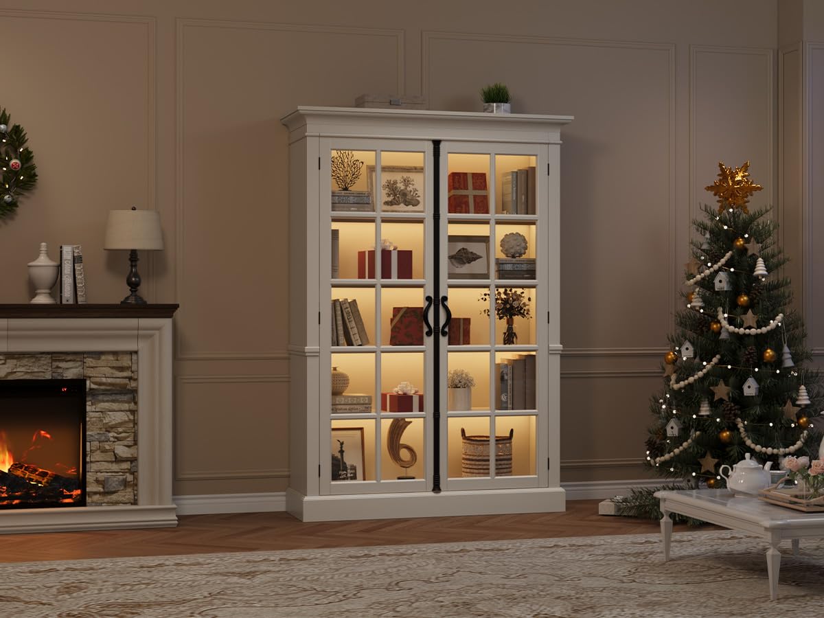 QUW Modern 65" Display Cabinet, 5-Tier Bookcase with Tempered Glass Door, Farmhouse Curio Cabinet with Adjustable Shelves, Tall Storage Cabinet for Office, Kitchen, Living Room, White