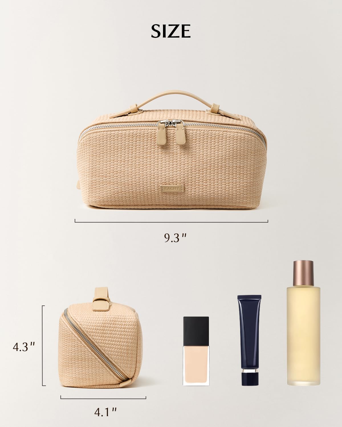 EACHY Travel Makeup Bag, Woven Travel Waterproof Toiletry Bag, Portable 180° Wide-Open Flat Cosmetic Bags for Women, Large Capacity Makeup Pouch with Divider and Handle