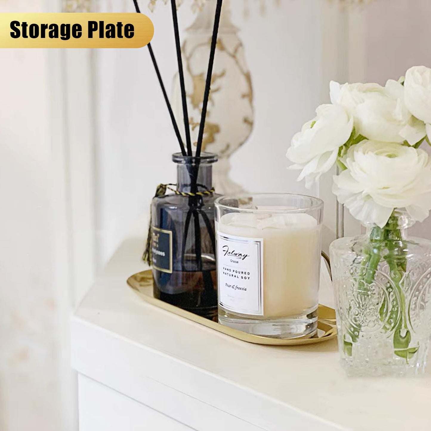 CYEAH Stainless Steel Decorative Tray Set of 6, Gold Decorative Tray 7 inch, Oval Jewelry Dish Bathroom Vanity Tray Small Serving Trays Candle Holder Stainless Steel Cosmetics Perfume Trays