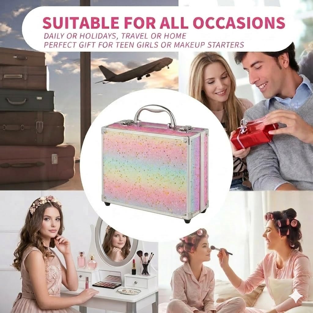 Hot Sugar Makeup Kit for Women Full Kit Teen Girls Starter Cosmetic Gift Set with Beautiful Rainbow Train Case Includes Pigmented Eyeshadow Palette Blush Lipstick Lip Pencil Eye Pencil (Rainbow)