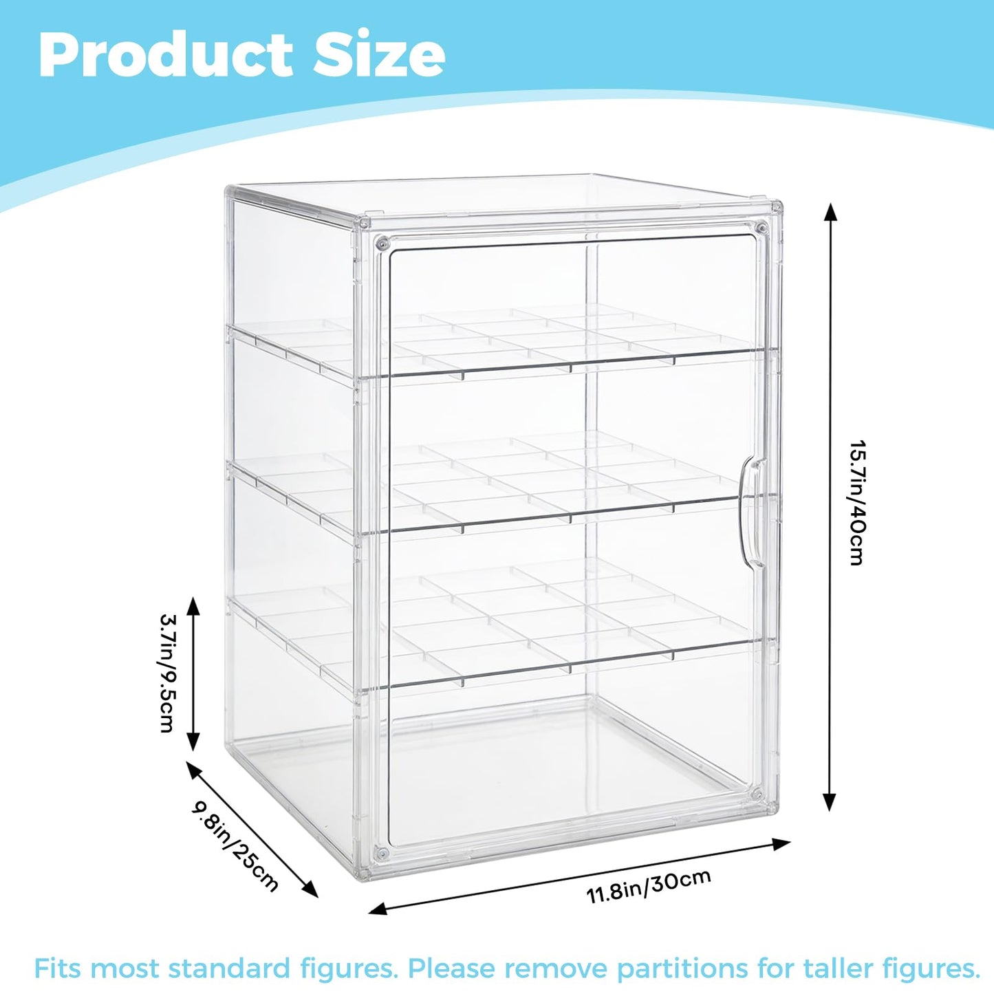 Extra Large 15.7'' Tall Acrylic Display Case with 3 Removable Dividers, Stackable Clear Action Figure Showcase with Magnetic Door, Large Storage Box for LEGO, Dioramas, Books & Collectibles