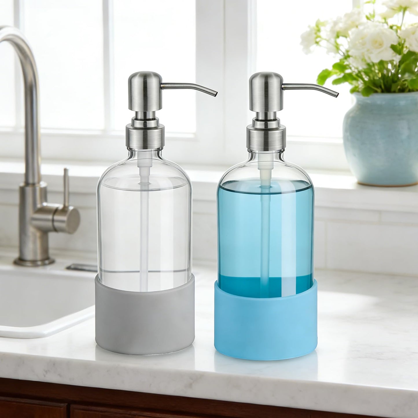 Homepicker 16 oz Hand and Dish Soap Dispenser Set for Kitchen and Bathroom, 500ml Clear Glass Soap Dispenser with Stainless Steel Pump, Non-Slip Silicone Sleeves, Labels - 2 Pack