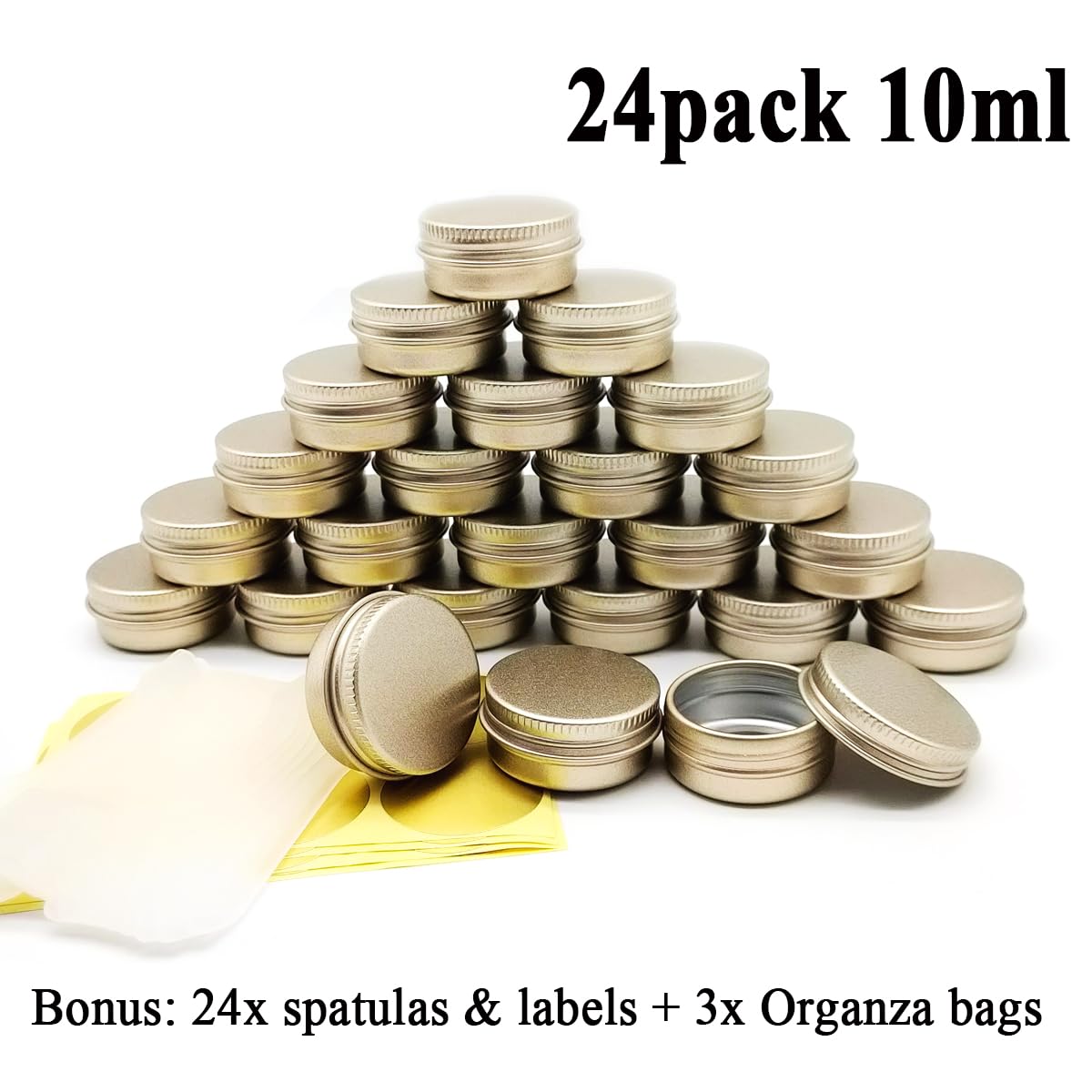 Wopanxye 24pcs Aluminum Tin Jars, 10ml Empty Cosmetic Container Pots, Travel Makeup Tin with Screw Lids, 10g Refillable Small Cosmetic Pot for Eyeshadow Cream Sample Lip Balm Powder Candle, Matte Gold