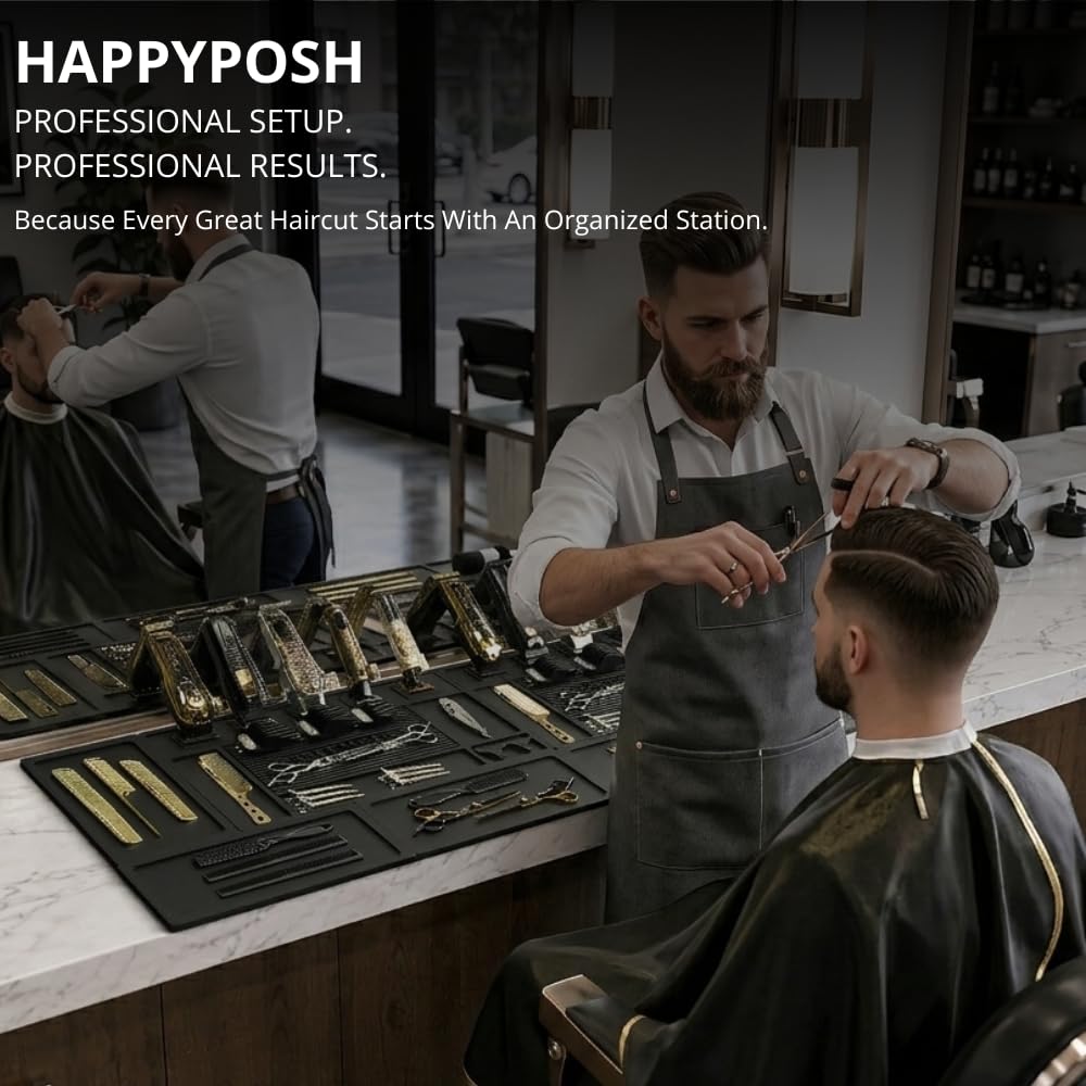HAPPYPOSH Magnetic Barber Mats for Clippers, 7-Piece Modular Barber Station Organizer, Extra Large Barber Workstation Mat with 10 Strong Magnets, Non-Slip Professional Barber Tool Organizer