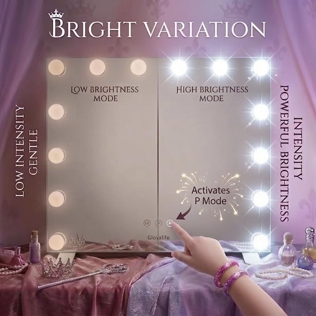 Glovalife Vanity Mirror with Lights, Large Hollywood Lighted Mirror, LED Bulbs with 3 Colors Lighting, USB & USB C Charging Port, Touch Control, Glass Tempered, White 22.8" X 18.1"