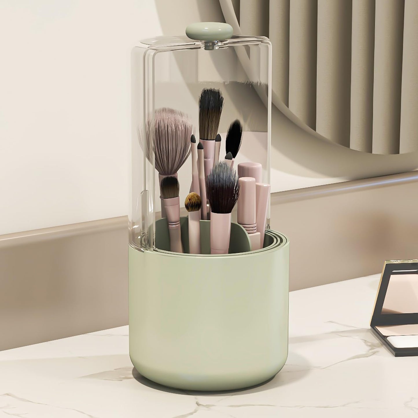 Zufudo Makeup Brush Holder with Dustproof Cover, Clear 360 Rotating Make Up Brushes Organizer for Counter Vanity Bathroom, Sage Green