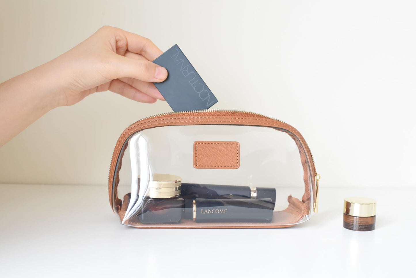 CONLINGDA clear makeup bag,leather makeup case,travel toiletry bag,portable cosmetic bag,transparent waterproof cosmetic organizer storage bag (Brown, Small)