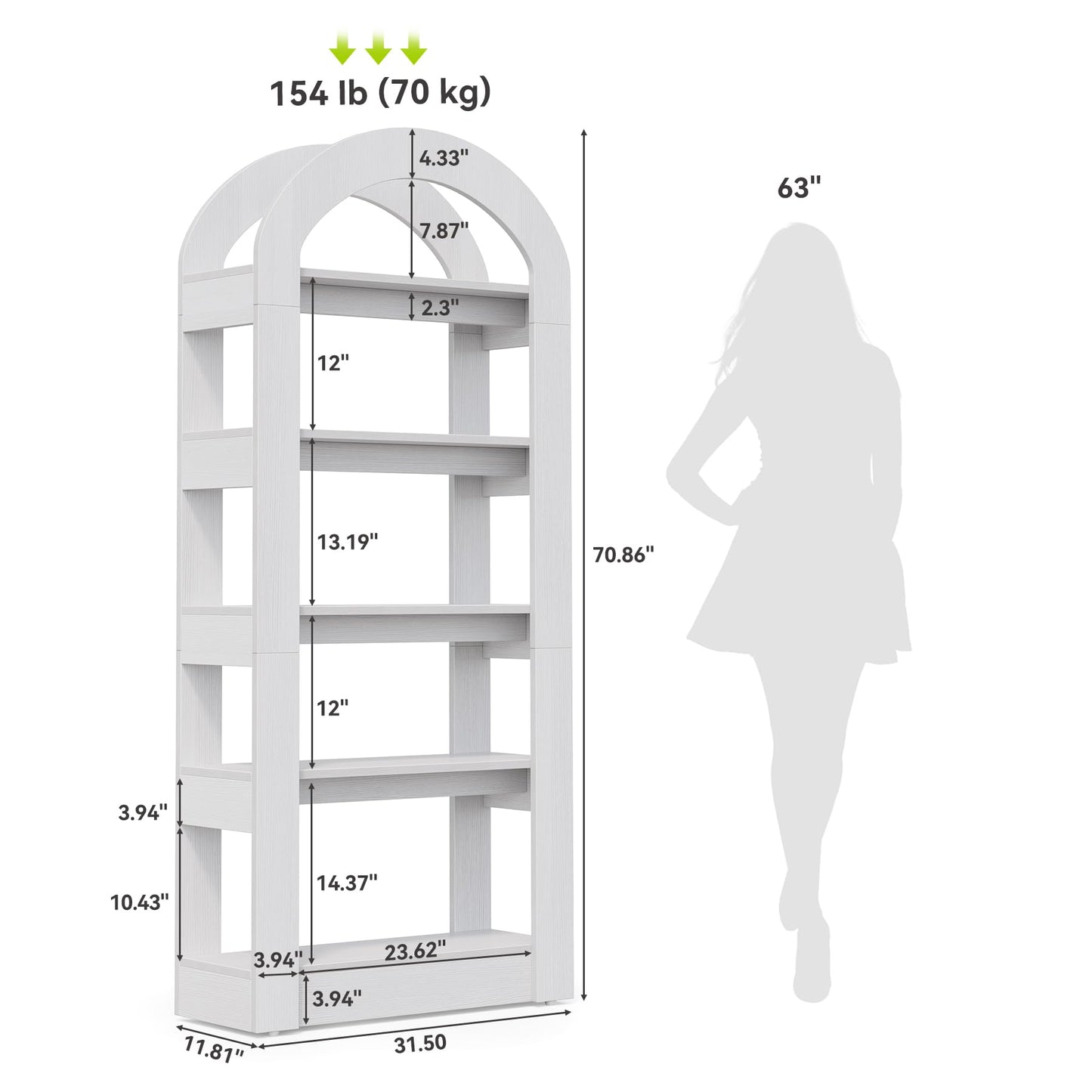 LITTLE TREE 5-Tier Bookshelf, Arch-Shaped Racks, Tall Standing Wooden Bookcase Display Shelf Modern Storage Solution, White
