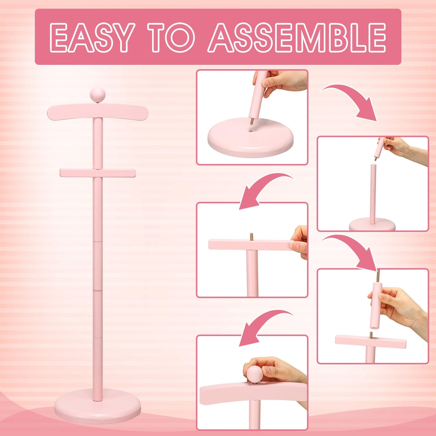 Bucherry 2 Pack Baby Clothes Display Stand Wooden Baby Shower Centerpiece Adjustable Height Circle Shaped Dress Hanger Doll Dress Outfit Stand Rack Hand Assembled Hangers Display Set (Pink Color)