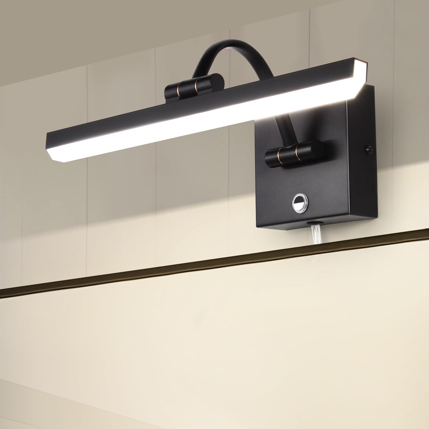 MantoLite 15inch LED Dimmable Bathroom Vanity Wall Light Fixture, 6000K 8W Cabinet Picture Lights, Black Make-up Mirror Front Light Ajustable Arm Bedside Reading Lamp, Pulg in Display Wall Sconce