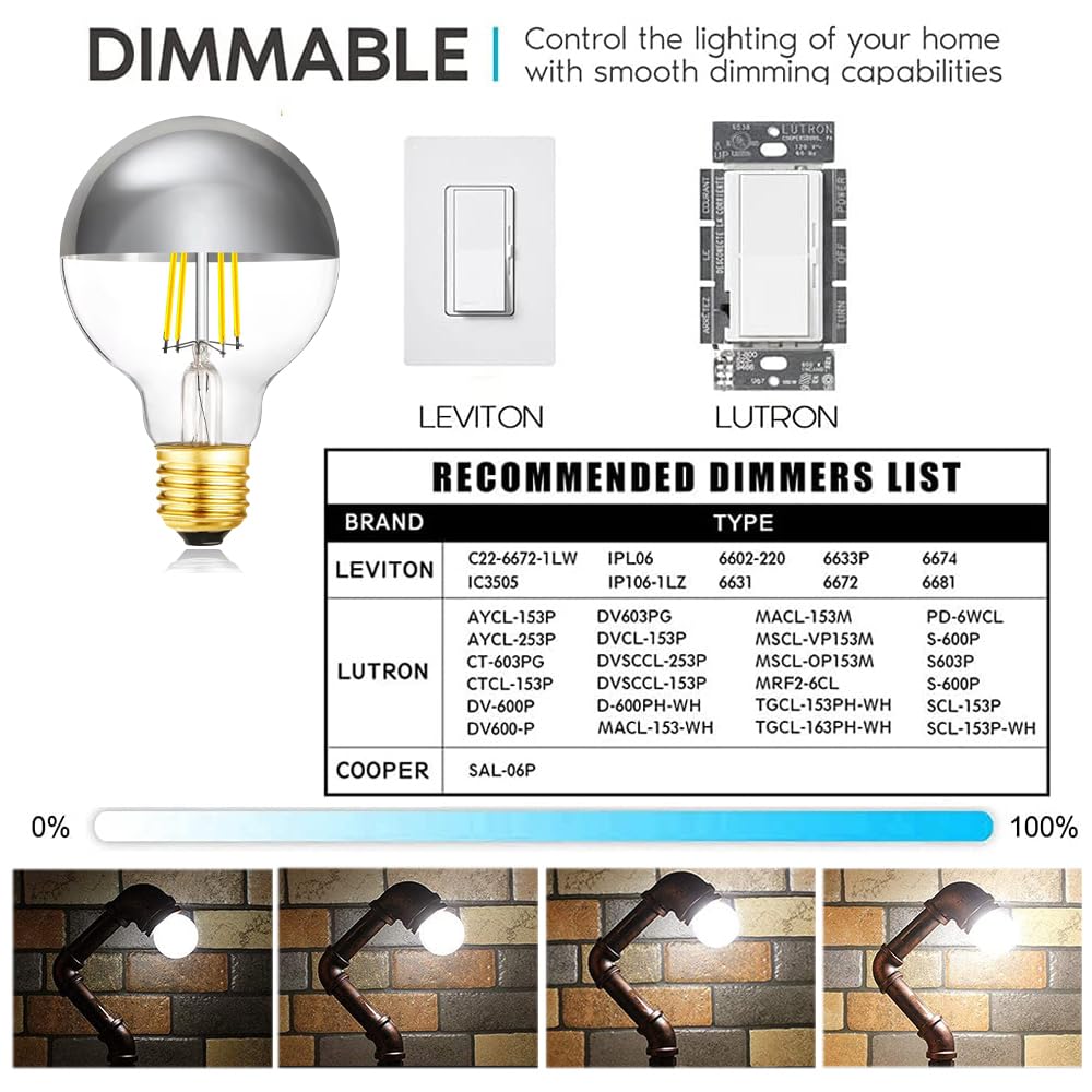 XININSUN Dimmable Half Chrome Light Bulb,6W (60W Eqv.), Anti Glare LED Light Bulbs,G25 Globe Light Bulbs,E26 G80 Silver Dipped Bulb for Bathroom, Vanity, Mirror,4000K Daylight,4Pcs