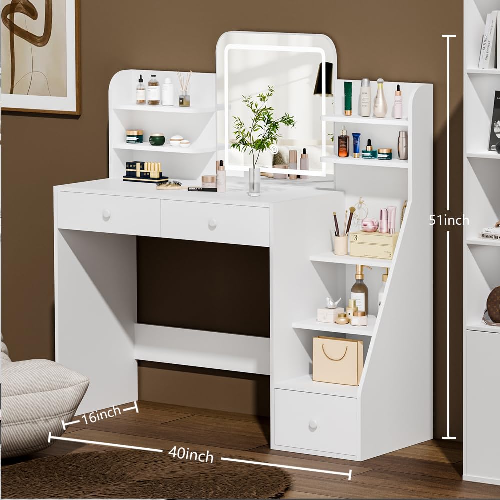 Oiroporz White Makeup Vanity Desk with LED Mirror & 5-Tier Sloped Shelves, 7 Open Storage Areas & 3 Drawers, Adjustable 3-Color Lighting Dressing Table
