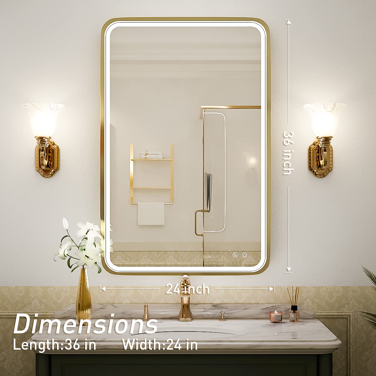 FTOTI LED 36x24 Inch Lighted Bathroom Mirror,Gold Frame,3 Color