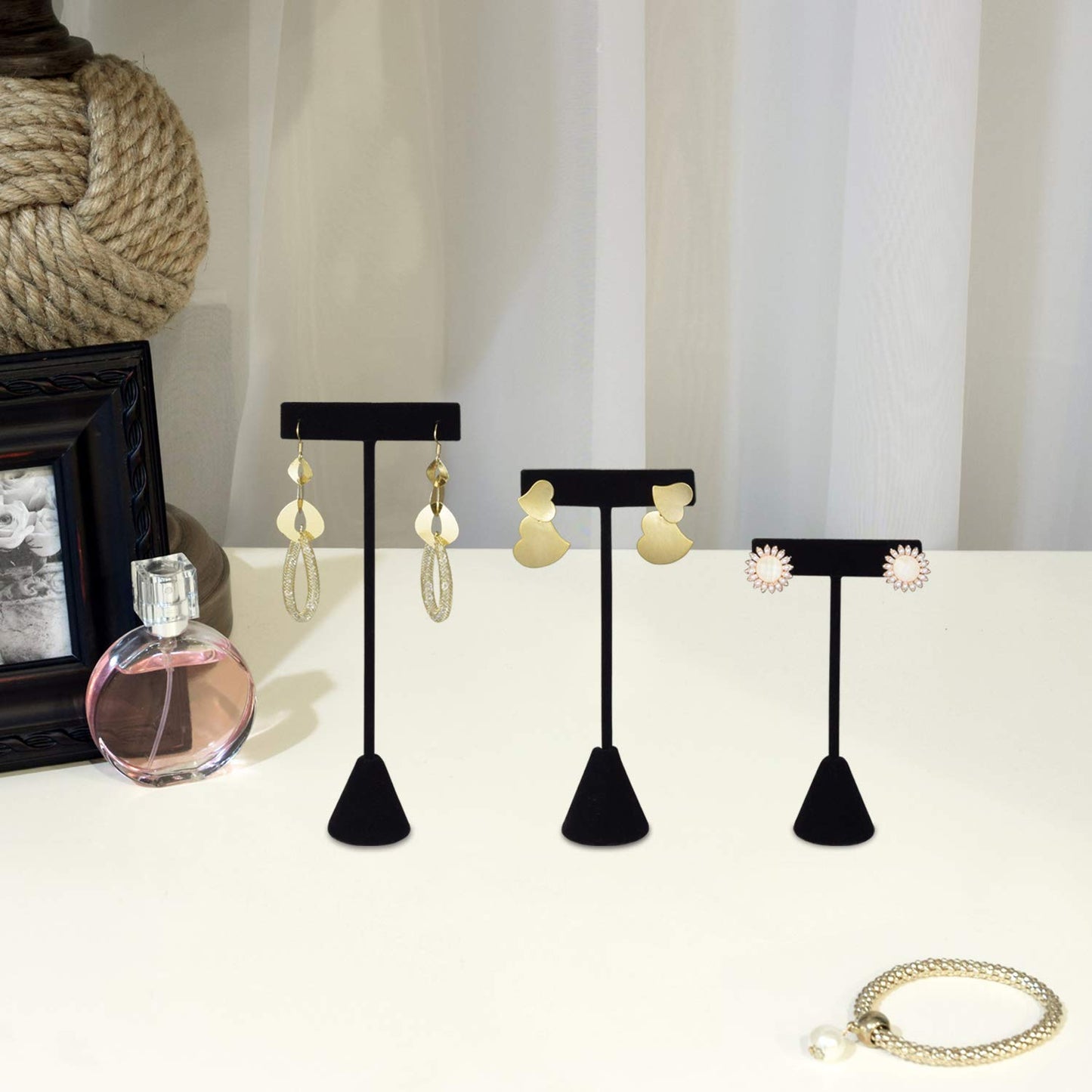 Ikee Design 6Pcs Set Earring T Stand Display Set with 3 Different Heights, T Shape Jewelry Earring Showroom and Tradeshow Showcase Displays, Black Velvet, 4 1/2 H in ; 5 3/4 H in; 6 3/4 H in