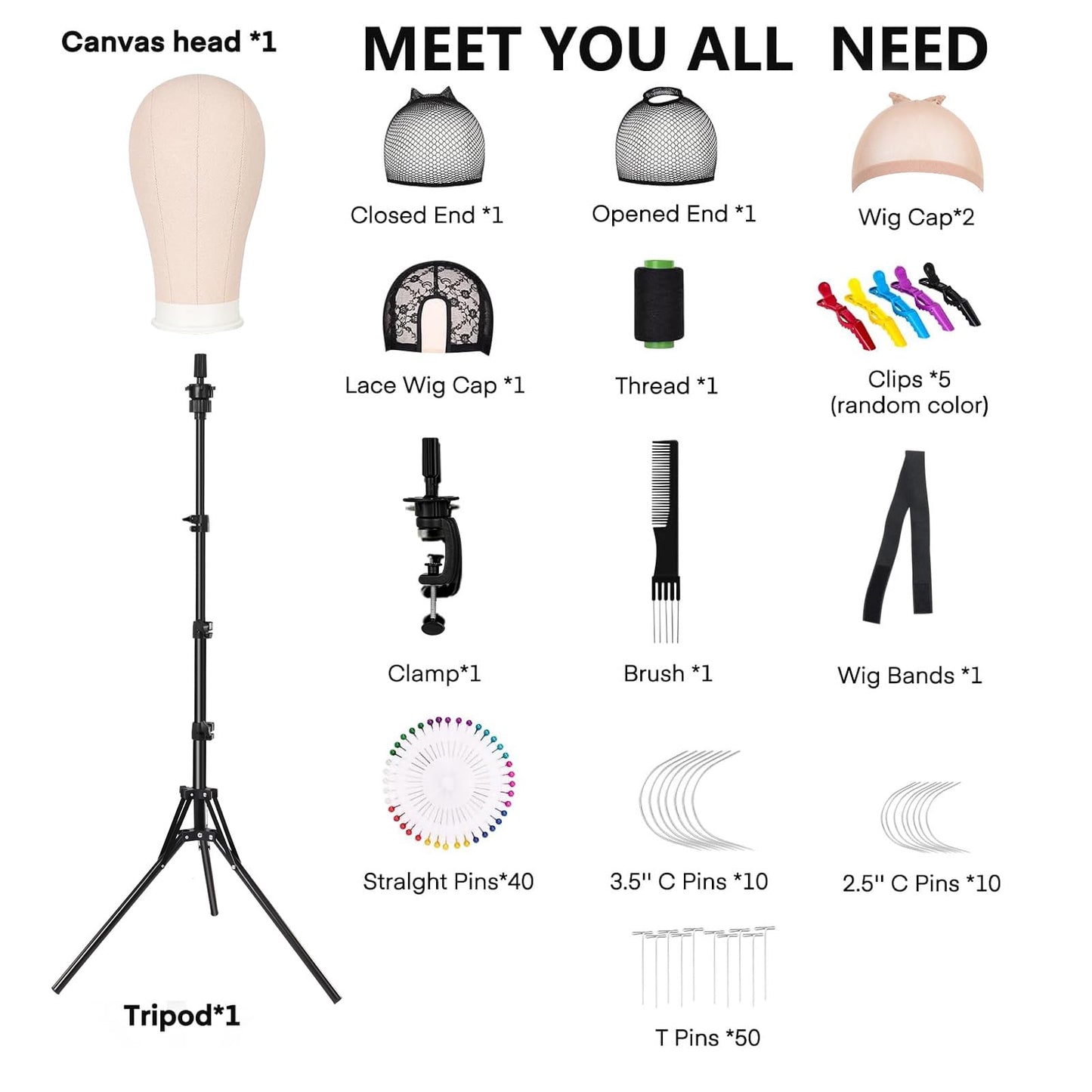 Pet Baby 63In Wig Stand Tripod with 22In Head, Canvas Wig Head Stand with Mannequin Head for Wigs Manikin Head Block Set for Wigs Making Display