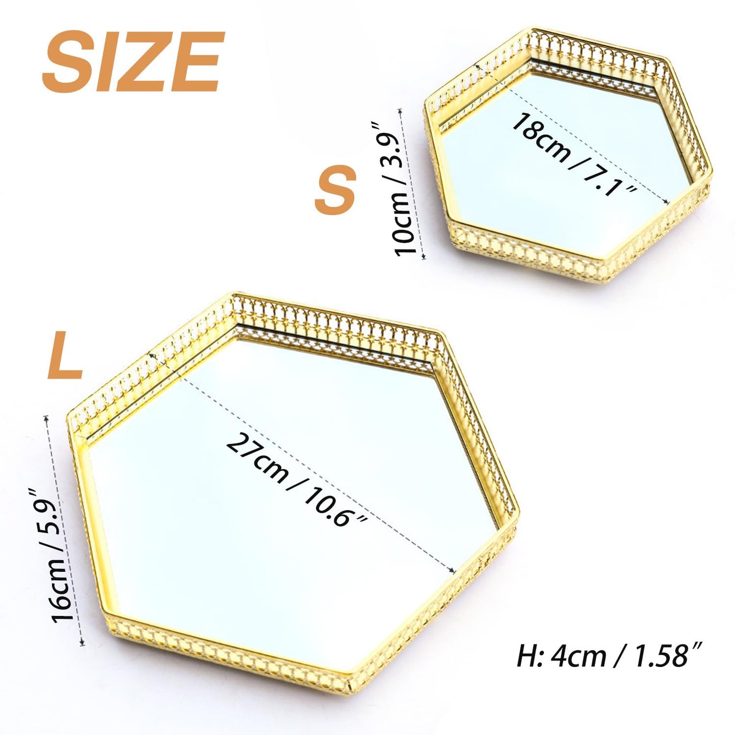 Perfume Organizer, Gold Mirror Perfume Tray, Decorative Metal Vanity Tray with Heart Cutouts, Jewelry Makeup Cosmetic Display Tray for Bathroom Dresser Bedroom Living Room (S, Hexagonal)