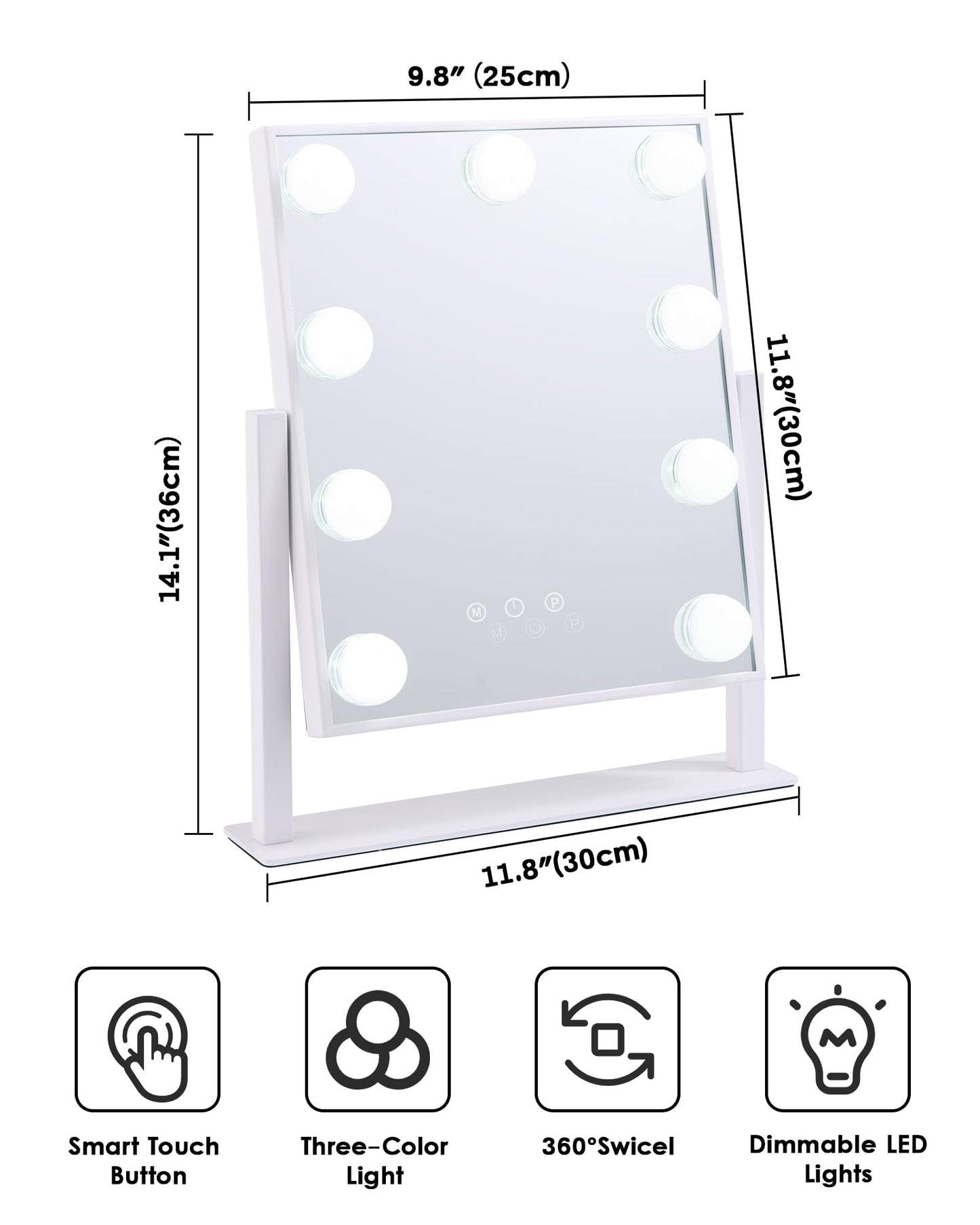 BWLLNI Lighted Makeup Mirror Hollywood Mirror Vanity Mirror with Lights, Touch Control Design 3 Colors Dimable LED Bulbs, Detachable 10X Magnification, 360°Rotation, (White) 12" L x 14" W