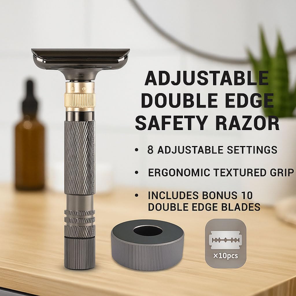 Luxurious and beautifully adjustable safety razor,best razors for men,with 10 platinum-plated razor blades, 1 blade razors reusable smooth close shave (Black + Base)