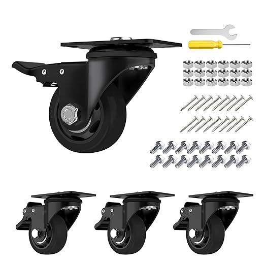 3" Caster Wheels,Caster Set of 4, Heavy Duty Casters with Brake, No Noise Locking Casters with Black Polyurethane (PU) Wheels, Swivel Plate Castors