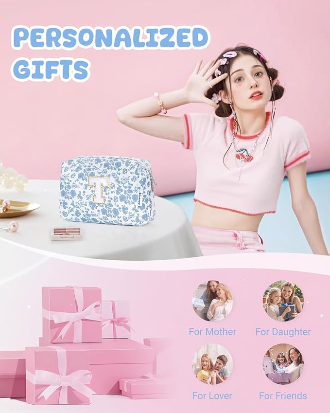 Narwey Birthday Gifts for Teen Girls Kids Women Personalized Initial Floral Makeup Bag Cute Cosmetic Trendy Stuff 6 8 10 11 12 13 14 16 18 Years Old Travel Toiletry Bag (Little Blue Flower T)