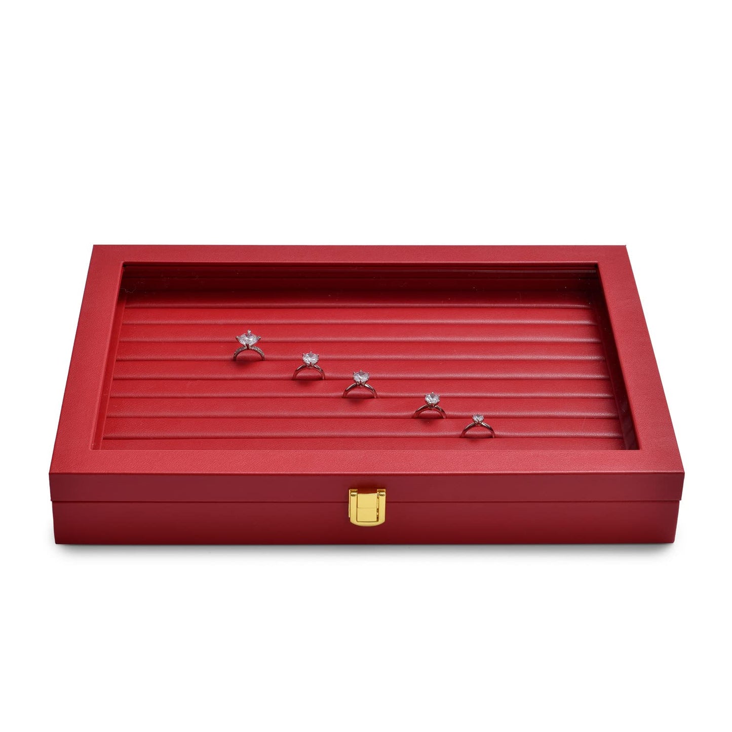 Oirlv Luxury Leather Rings Earrings Organizer Tray with Clear Lid Jewelry Display Box with Acrylic Lid Stackable Jewelry Box Drawer Inserts