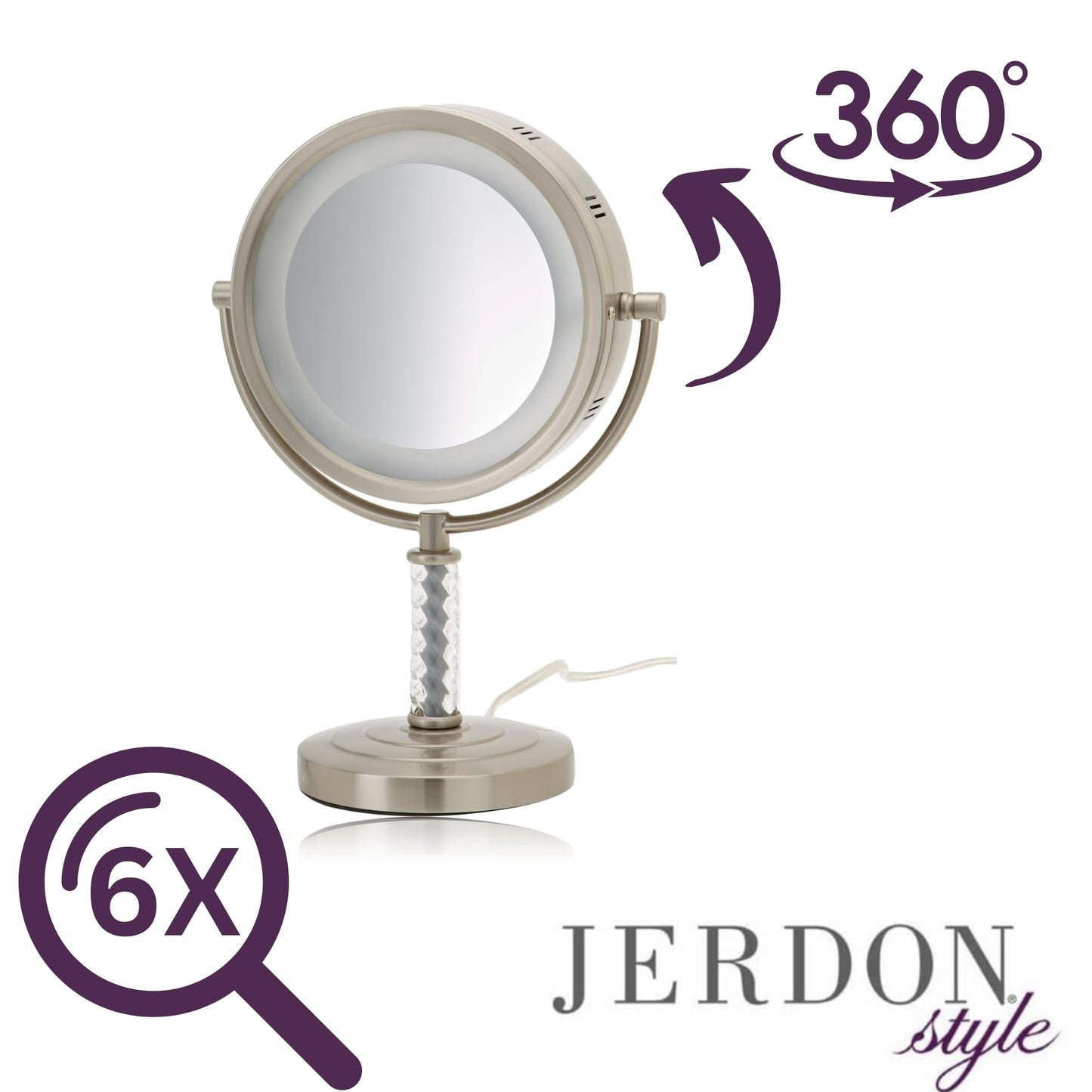 JERDON Lighted Makeup Mirror – 6X Magnifying Tabletop Vanity Mirror for Precision Makeup, Tweezing & Grooming – 8" Nickel Finish, 360° Swivel – Model HL856MNC