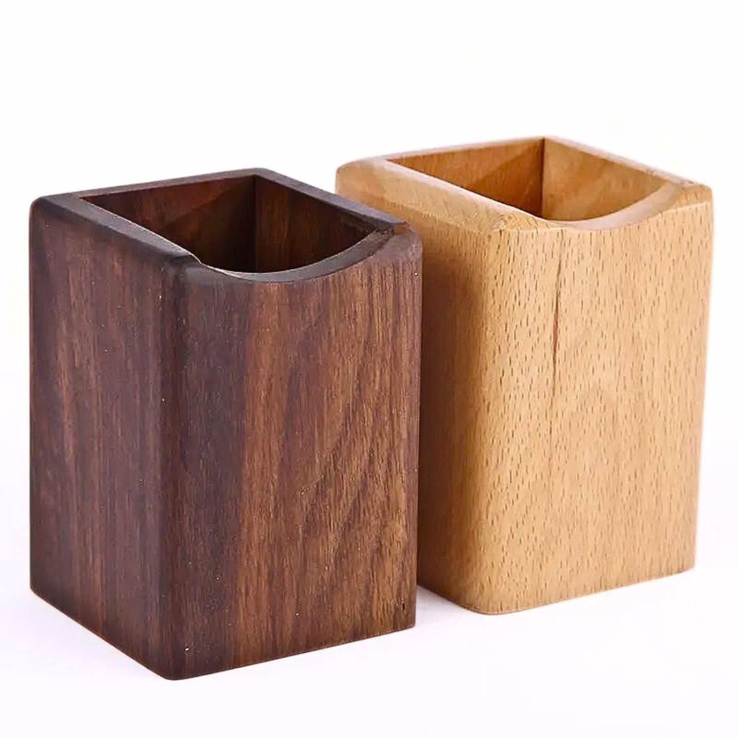 Wooden Pen Holder for Desk, 2 Pack Natural Wood Pencil Cup Holder – Office Desk Accessories Organizer, Makeup Brush Holder, Kids Crayon Marker Caddy, Eco-Friendly (2 Pack - 1 Beech + 1 Walnut))