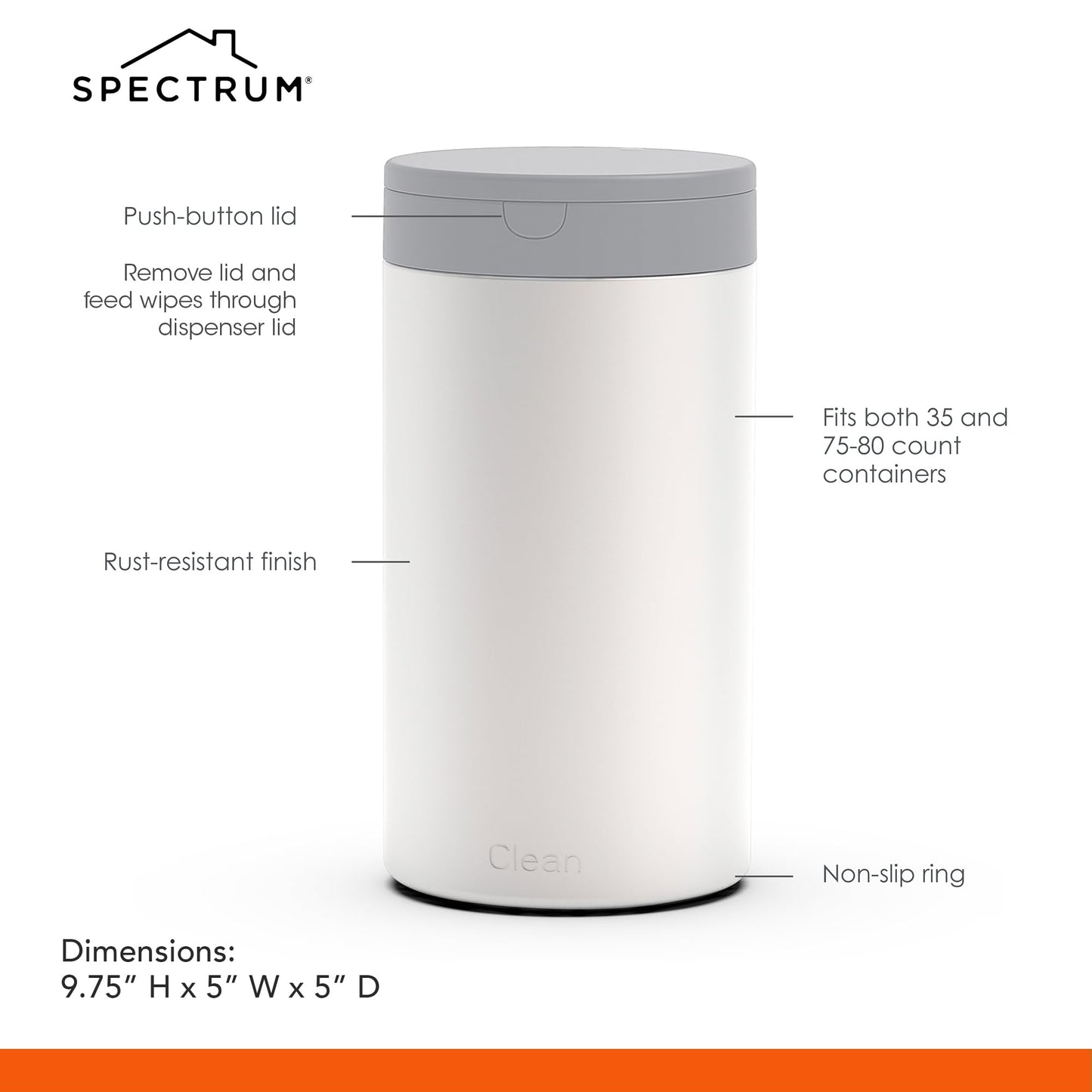 Spectrum Disinfecting Wipes Container Large White Refillable Stainless Steel Wipe Holder for Bathroom Kitchen, Classroom, Reusable Push Button Wet Wipe Dispenser for Disinfect Cleaning Countertop