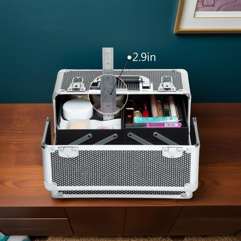 Gdsshuhung Makeup Rolling Train Case - Professional Cosmetics Organizer with Aluminum Frame, Folding Trays & Wheels, Portable for Travel & Studio (Black Diamond)