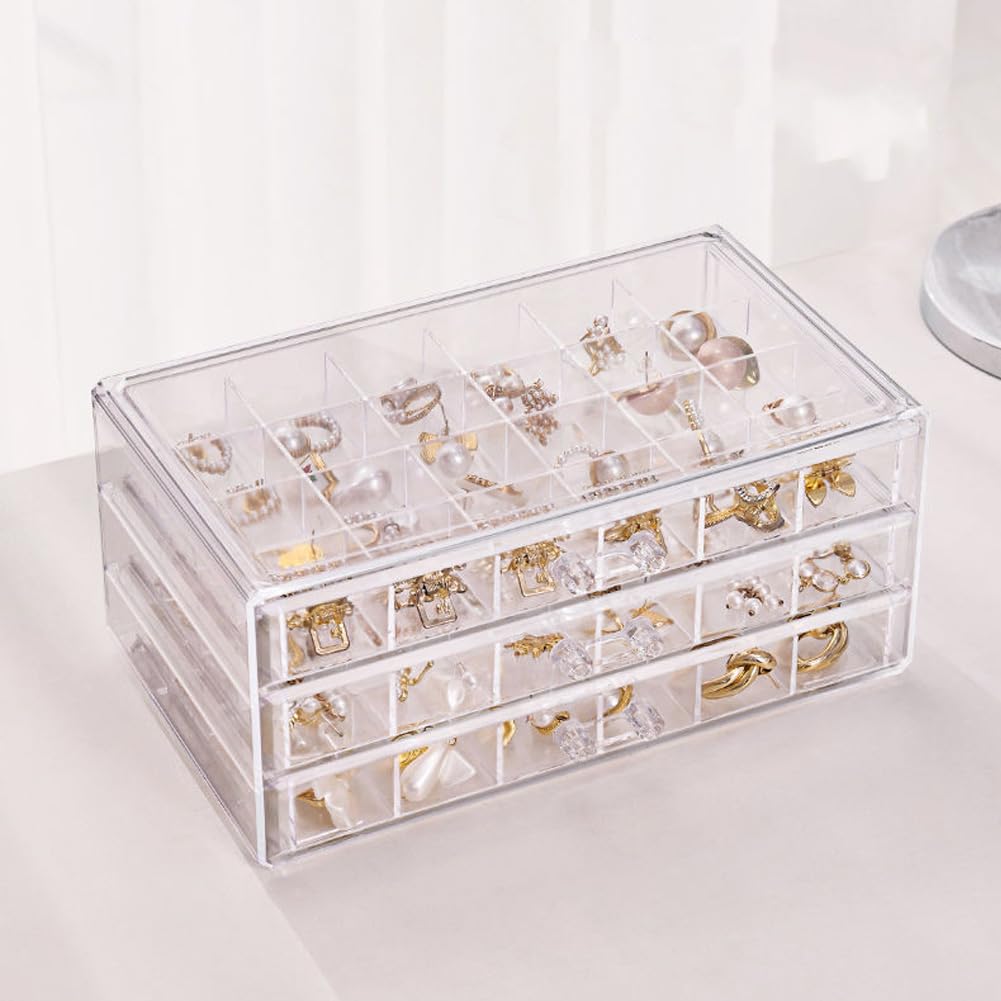 LOARNIEA Earring Organizer Box Acrylic Stackable Jewelry Organizer with 3 Drawers 72 Small Compartments Clear Jewelry Display Stand for Stud Earring Ring Pin Display (Transparent)