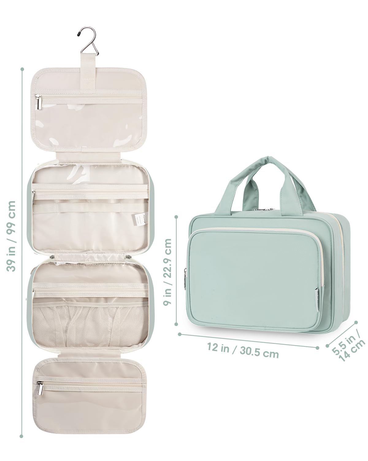 Narwey Travel Toiletry Bag for Women Large Hanging Makeup Bag Organizer Toiletries Bag for Full Size Essentials Accessories Cosmetics (Mint Green (Large))