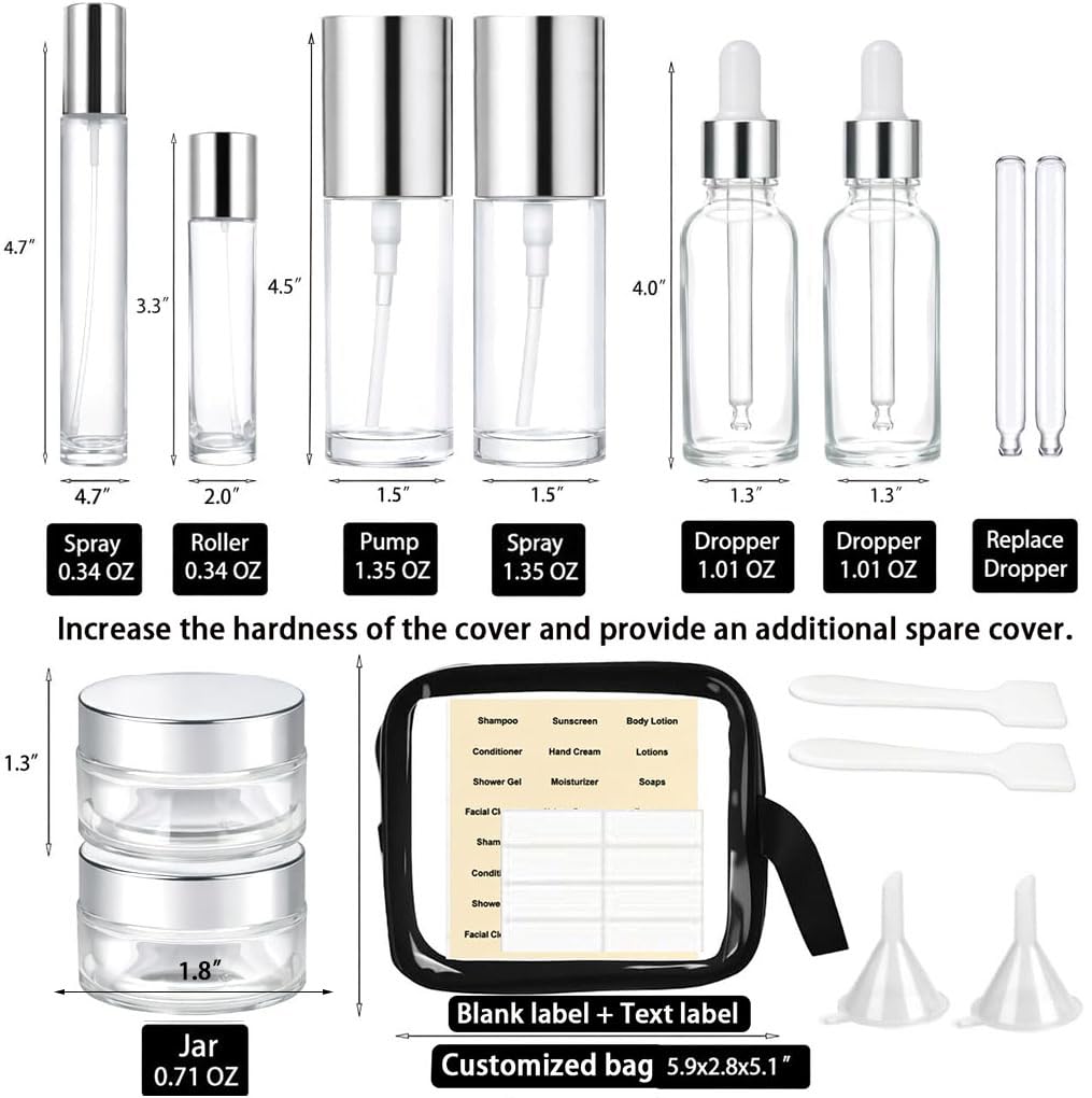 18Pack Glass Travel Bottles for Toiletries, TSA Approved Glass Travel Containers 1.35/0.7/1 oz Silver Small Travel Bottles with Label, BPA Free Leak Proof with Pump Spray Bottles for Makeup, Skincare