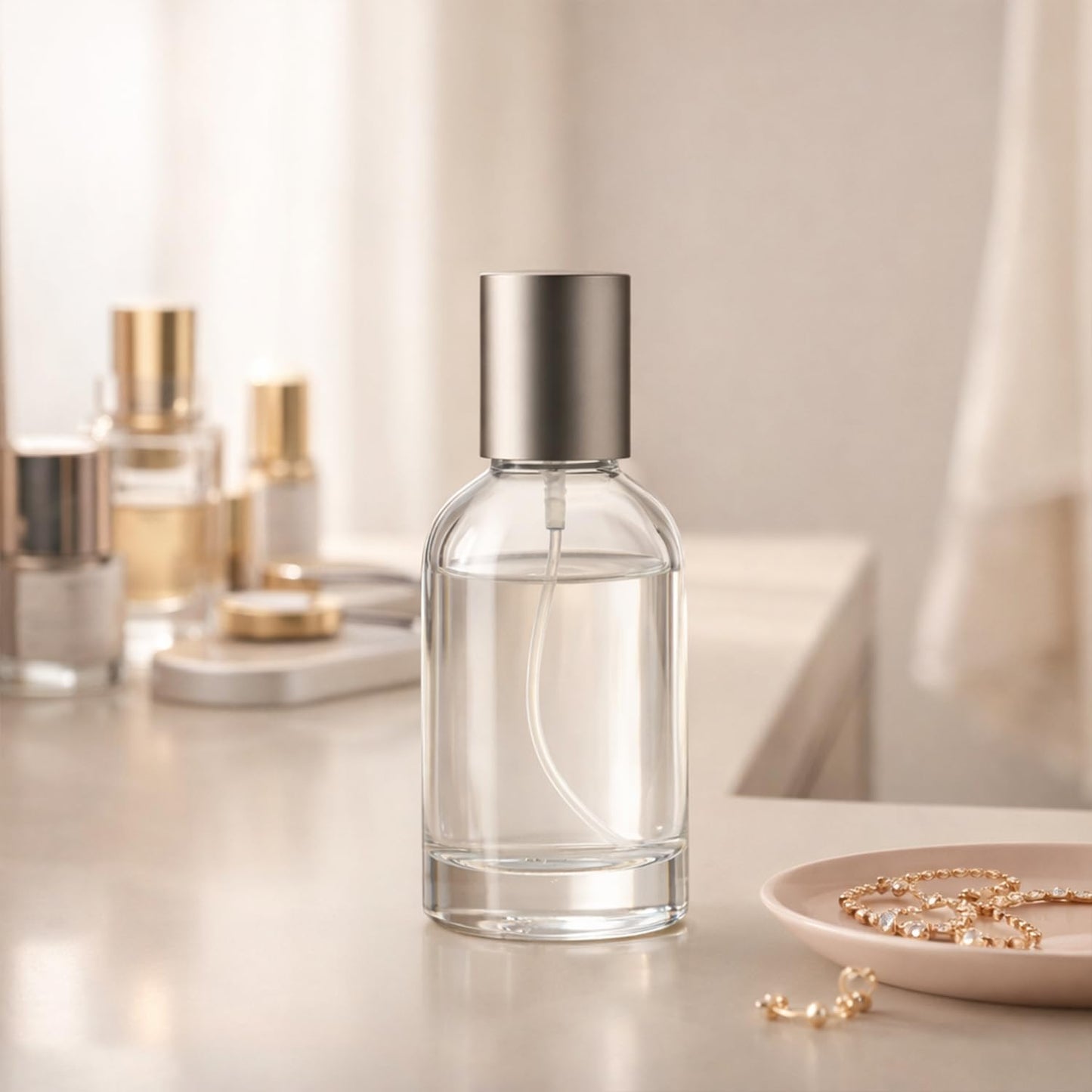 ROHIJALE 50ml/1.7oz Clear Glass Spray Bottles 4 Pack, Refillable Fine Mist Perfume Bottles with Silver Caps, Empty Atomizer Spray Bottle for Essential Oils, Travel Cosmetic Container,Facial Mist