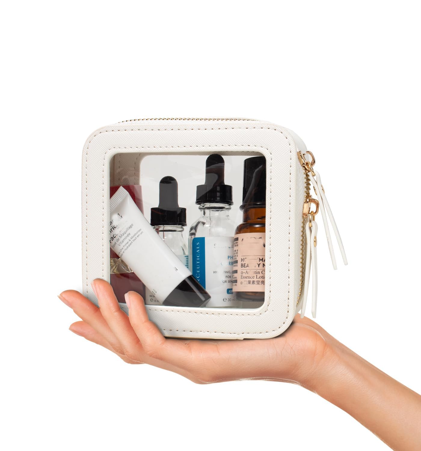 Clear Makeup Bag Small, Mini Clear Makeup Pouch TSA Approved Portable Travel Toiletry Bag Multipurpose Cosmetic Bag Case for Women Vegan Leather Make Up Pouch Car Organizer for Women Men (Mini White)