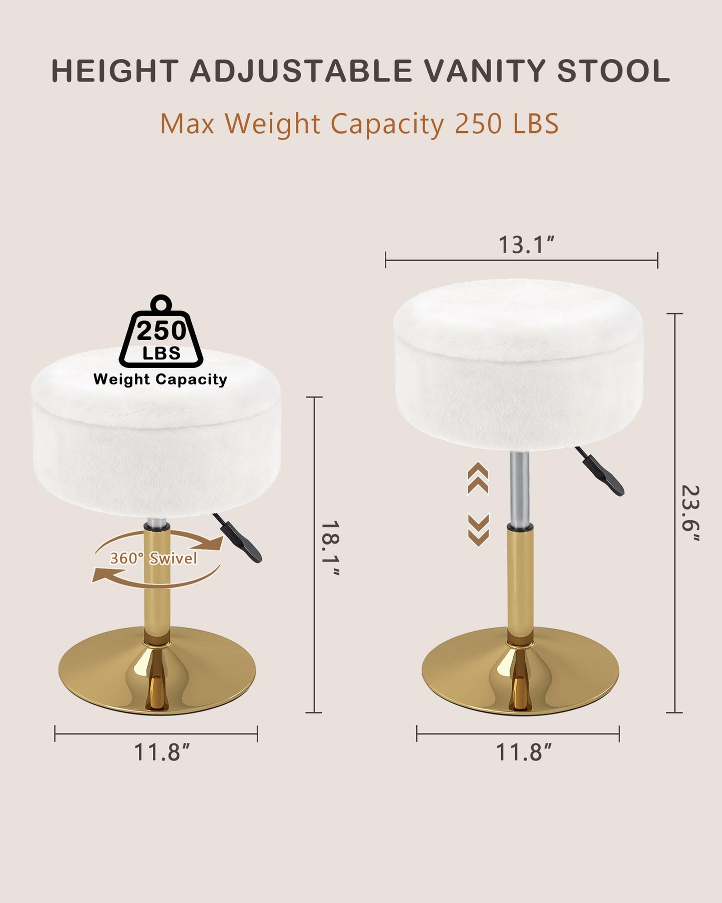LITZFUR Adjustable Vanity Stool with Storage, 360° Swivel Gold Chair, Faux Fur Small Round Ottoman Footrest for Bathroom, Makeup Room, White