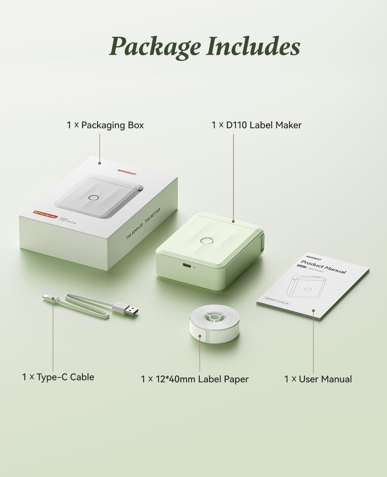 NIIMBOT D110 Label Maker Machine, Bluetooth Thermal Label Printer for School Home Office Organization, Mini Thermal Printer, Label Maker with 1 Label Tape, Green