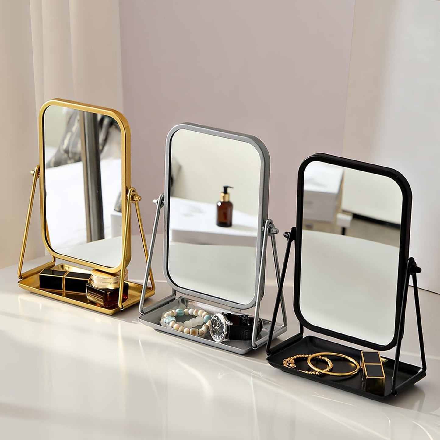 Gold Desk Mirror Rectangular Tabletop Vanity Makeup Mirrors with Metal Stand and Storage 360°Rotation Adjust Table Mirror Portable Cosmetic Mirrors for Dressing Bathroom Bedroom