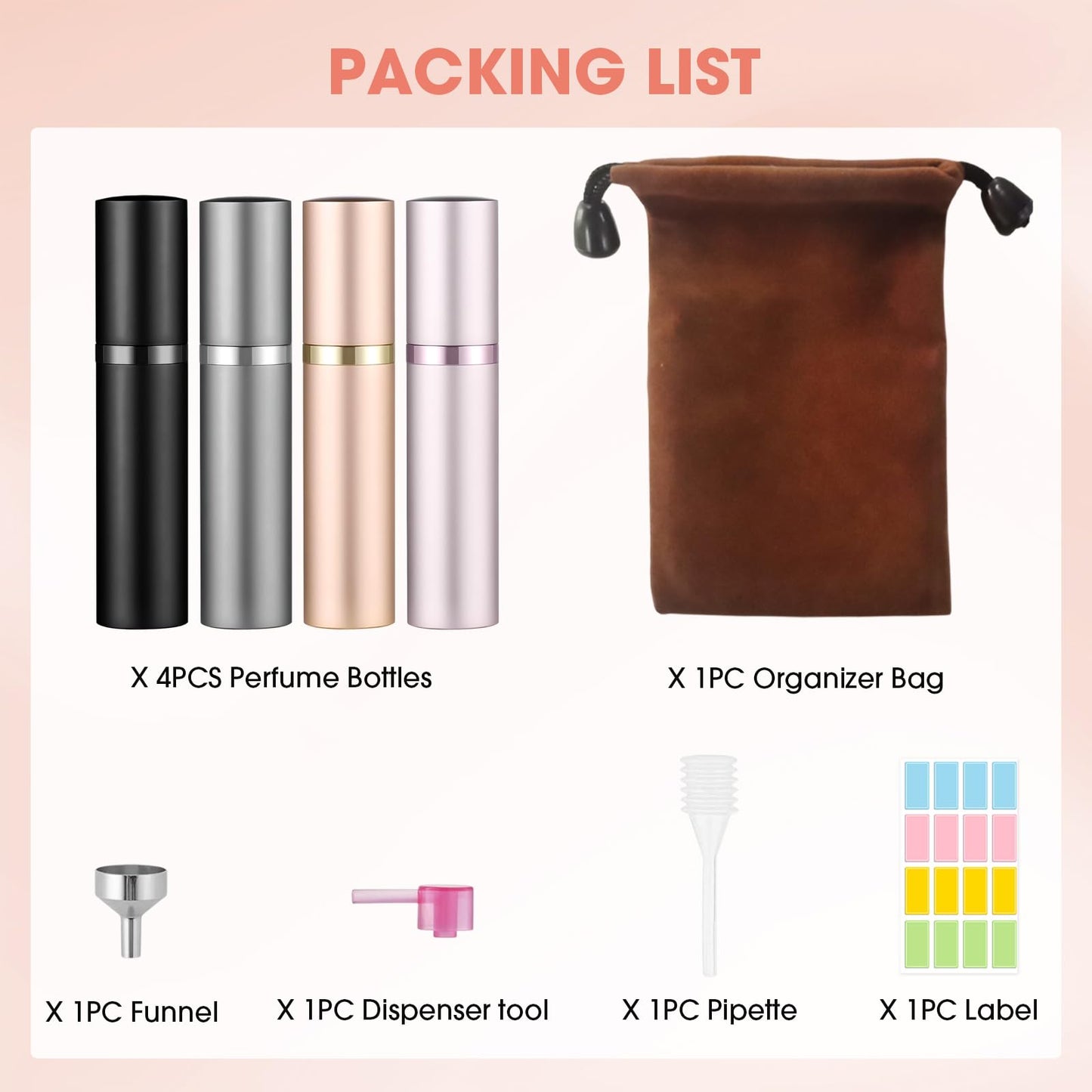 4PCS Perfume Travel Refillable Bottle, 5ml Cologne Travel Bottle, Atomizer Sprayer for Perfume, Mini Cologne Dispenser Empty Fragrance Spray for Women, Men, Gift(Black & Grey & Rose Gold & Pink)