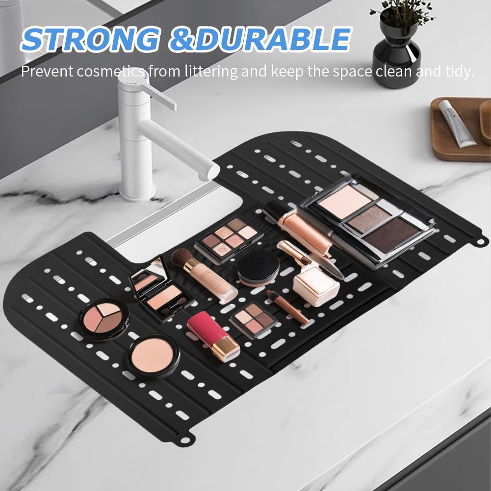 Oryqvane Bathroom Sink Cover for Counter Space,Foldable Silicone Makeup Mat for Hair Styling,Beauty Brush Cleaning Mat,RV Camper Sink Cover & for Small Spaces(Black)